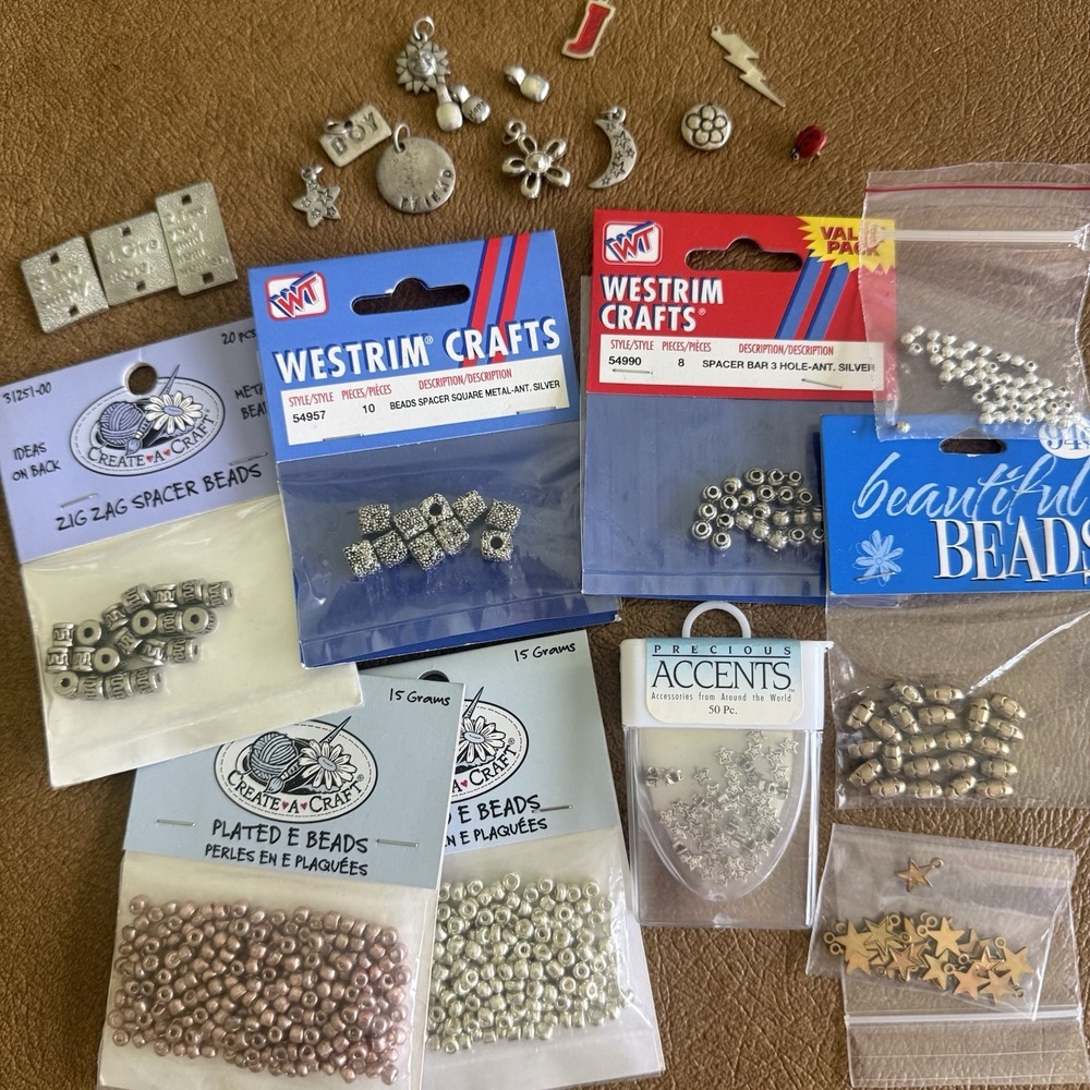 Vtg Silver Tone Spacer Beads Mixed Lot Metal Jewelry Making Craft Barrel Stars